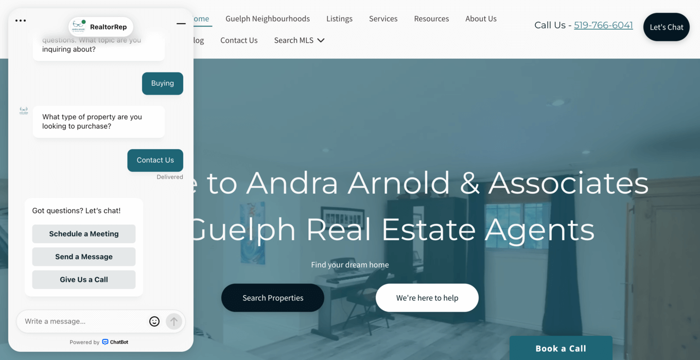 andra arnold & associates landing page with open chatbot chat widget