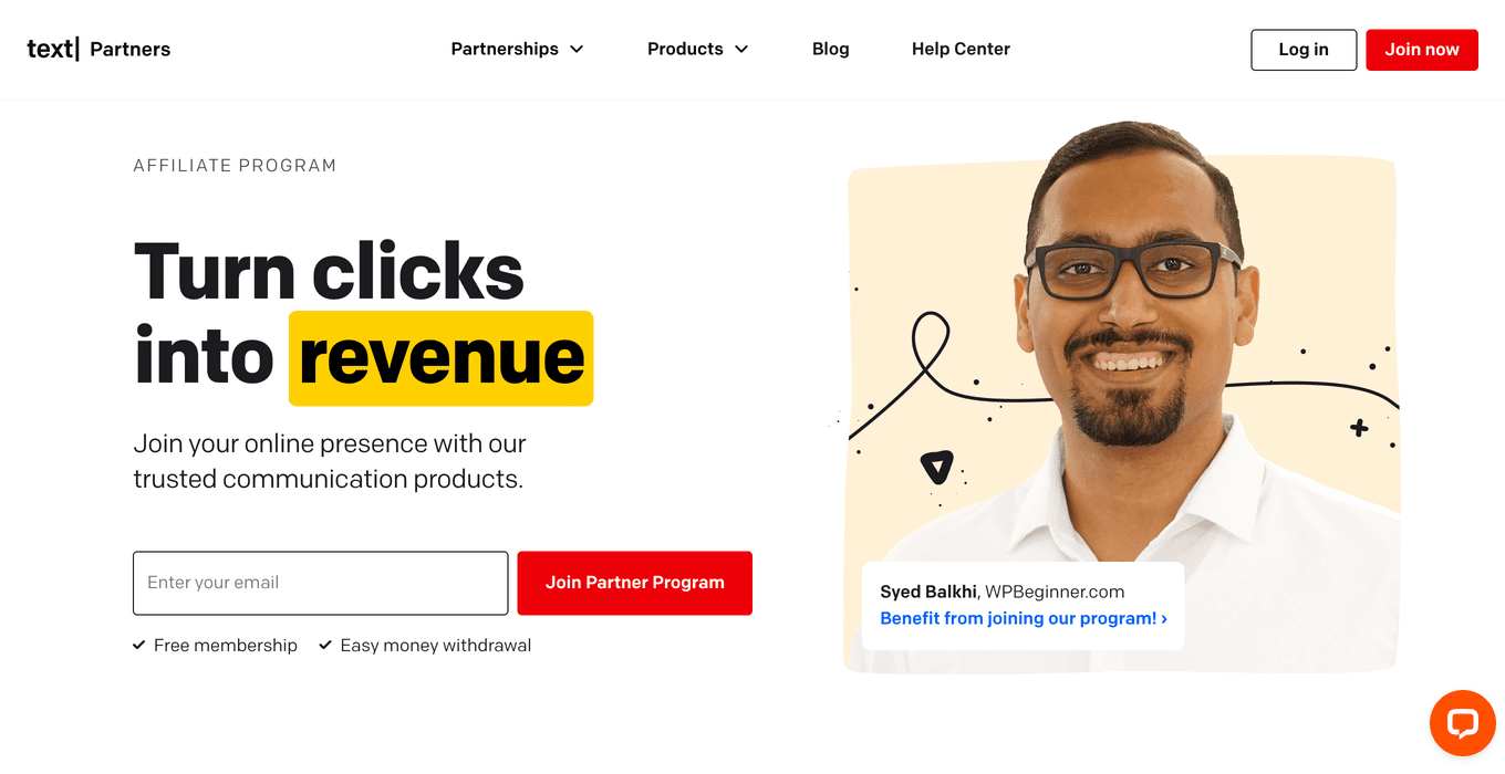 text affiliate marketing landing page